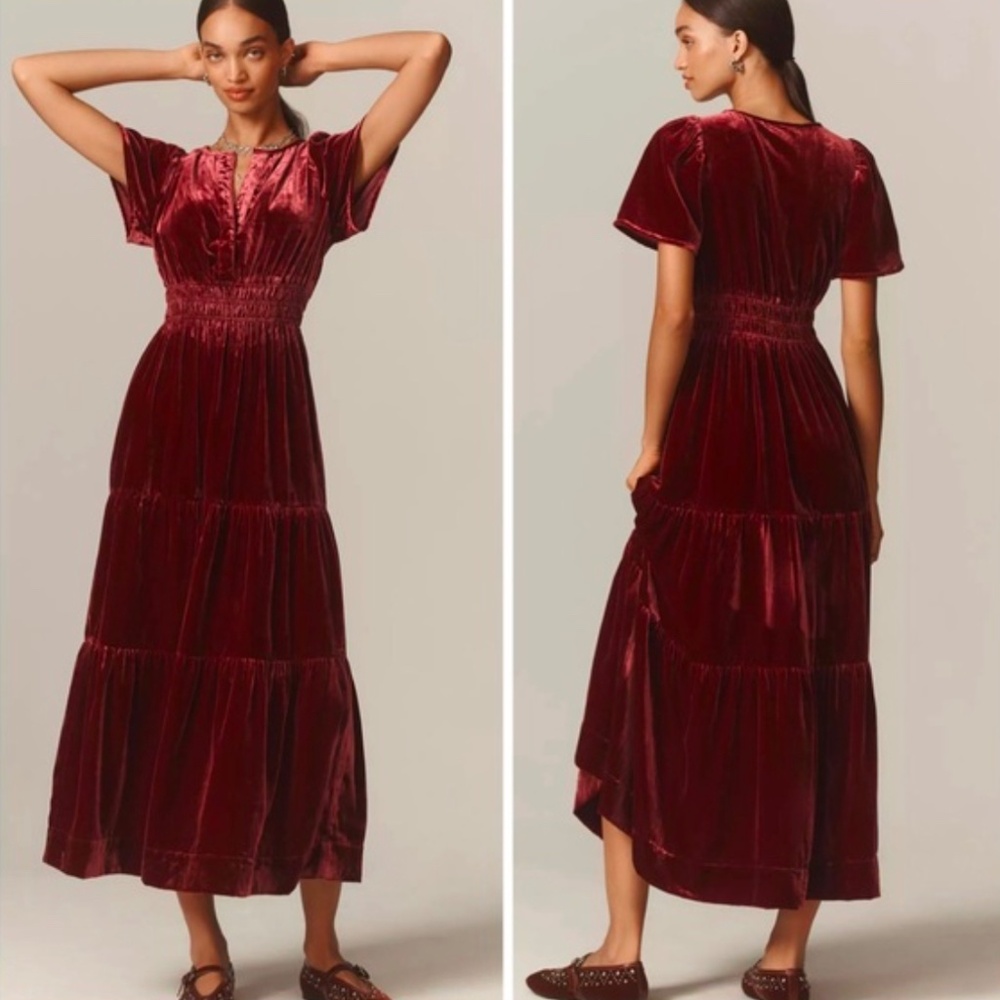 Anthropologie Somerset burgundy velvet Maxi Dress Size Small